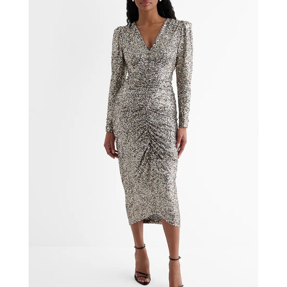 Express Women's Small Black Sequin V-Neck Puff Shoulder Ruched Midi Dress #74